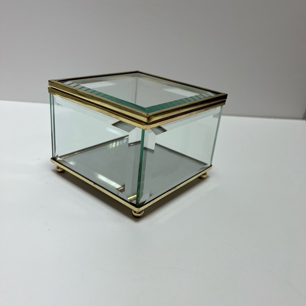 VINTAGE BEVELED BRASS AND GLASS TRINKET BOX